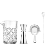  Tempa 4pc Tempa Ophelia<br>Cocktail Set Stainless...  Our Ophelia Glassware Collection is inspired by the early 20th century glassware, where the old is new again. With striking modern lines and patterns, evoking the look of brilliant cut diamonds, this range's elegant and classic style is perfect for beverage enthusiasts. Mix up your cocktails with decadence. Heavy weight feel with striking carved design. Perfect for decking out your barcart or liquor cabinet. Item Dimensions Approx (Jug): 9 x 10.5 x 14cm (L x H). Includes: 1x Glass Cocktail Jug 5