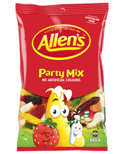  Allen's Party Mix<br>Snakes/furits/fruit...  Allen's Party Mix is perfect for sharing, with a popular favourite for everyone. Join in the fun and get the party started with cool banana, creamy milk bottles, squishy strawberries and cream, stretchy snakes, tangy peaches and cream, juicy jelly babies, chewy black cats and delicious red frogs<br>Ingredients<br>Glucose Syrup ( Wheat Or Corn), Cane Sugar, Thickener (Dextrin Roasted Starch, Acid Treated Starch Or Starch Acetate)( Wheat ), Gelatine, Food Acids (Citric, Lactic), Invert Syrup, Flav