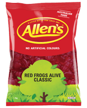  Allen's Red Frogs Raspberry<br>Flavoued Soft Chewy...  Allen's Red Frogs are deliciously chewy raspberry jellies and a popular favourite. Catch these vibrant red frogs before they jump away<br>Ingredients<br>Glucose syrup (wheat or corn), cane sugar, thickener (dextrin roasted starch, acid treated starch or starch acetate) (wheat), gelatine, food acid (citric), colour (carminic acid), flavour<br>Contains<br>Wheat<br>Includes:<br>1x Allen's 1.3kg Red Frogs Lolly Bag