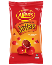  Allen's Jaffas Choc Orange<br>Crispy Crunchy Shell...  ALLEN'S Jaffas are chocolate balls covered in an orange flavoured shell. Bite into the crispy shell and let the choc orange flavour melt in your mouth.<br><br />Ingredients<br>Sugar, Vegetable Fat [Emulsifiers (Sorbitan Tristearate, Soy Lecithin)], Wheat Flour, Cocoa, Whey Powder ( Milk ), Thickener (Acid Treated Starch from Corn), Emulsifier<br>( Soy Lecithin), Flavours, Colours (Titanium Dioxide, Carminic Acid, Beta Carotene), Salt, Glazing Agents (Carnauba Wax, Beeswax).<br>Contains<br>Milk,