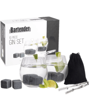  Bartender Gin Cocktail Clear<br>Glasses/stones/storage...  10pc Bartender Gin Glasses,Stones,Storage Bag,Tongs Set<br>Gin will taste as pure as the distiller intended with this 10 Piece Gin Set by Bartender.<br>A must have for any gin lover, this set features two ripple gin glasses, six high quality granite gin stones with a velvet storage bag, and stainless steel ice tongs.<br>Made from high quality granite, the gin stones will cool your favourite drink with ease, without diluting the taste. Odourless and tasteless, when frozen, these stone.