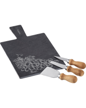  Tempa Tuscany Rectangle<br>Cheese Knife Set W/...  4pc Tempa Tuscany Rectangle Cheese Knife Set with Slate Baord 17.1x30x0.7cm<br>4pc set. Slate board with handle. Handle has hole in it with jute rope tied. With lasered design. Smooth edges. 4 round black foam feet on the base. Hand-Crafted. Knives have logo lasered on metal part. Slate thickness 0.4cm.1 x Flat cheese knife. Eucalyptus Or SS 4.2x2.7x12cm.1 x Parmesan knife. Eucalyptus Or SS 2.7x2.7x12cm.1 x Narrow plane knife. Eucalyptus Or SS. 2.7x2.7x13cm.1 x Slate board. Slate 17.1x30x0.7cm.