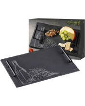  Tempa Tuscany Slate/metal<br>Food Serving...  Tempa Tuscany Slate with Metal Food Serving Tray 38x28x4.2cm Black<br>Slate serving tray with lasered design. Natural edges. Plated black metal handles. 4 round black foam feet on the base. Hand-Crafted. Slate thickness 0.6cm. Hand wash only. Food safe.<br>Material: Slate with Metal<br>Dimensions Approx: 38x28x4.2cm<br>Colour: Black<br>Includes: 1 x Serving Tray.