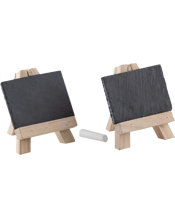  Tempa Tuscany Mini Slate<br>Chalk Writing Boards W/...  2pc Tempa Tuscany Mini Slate Chalk Boards with Stands 8.9x0.4x5.6cm Black<br>5pc set includes 2 stands &amp; chalk pc. Slate board without lasered design. Smooth edges. Hand-Crafted. Slate thickness 0.4cm. Each slate board held onto stand by clear elastic band. 2 x Stand. Pinewood. 7.6x2.5x9.8cm.2 x Slate board. Slate 8.9x0.4x5.6cm.1 x Chalk stick. Wipe clean only. Food safe.<br>Material: Slate Or Pinewood<br>Dimensions Approx: 8.9x2.5x9.8cm<br>Colour: Black<br>Includes: 1 x 2PK Mini Chalk Board