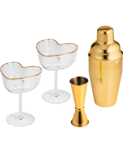  Tempa Amour Cocktail Maker<br>Stemmed... 464ML 4pc Tempa Amour Cocktail Cup Jigger Shaker Set - Clear Gold<br>Hand-painted gold rim. Displays a gorgeous heart shape. All Items available in 2 colours Pink &amp; Clear. Perfect gift for Valentines Day or Mothers Day Colour : Clear Includes: 1 x 4pc Cocktail Shaker Set.