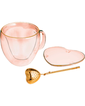  Tempa Amour Gold Rim Heart<br>Tea Drinking... 305ML 3pc Tempa Amour Tea Set 305mL Cup Infuser Saucer - Pink<br>Hand-painted gold rim. Displays a gorgeous heart shape. All Items available in 2 colours Pink &amp; Clear. Perfect gift for Valentines Day or Mothers Day Capacity mls : 305 Colour : Pink Includes: 1 x Tea Cup<br>1 x Infuser<br>1 x Saucer.
