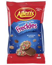  Allen's 1kg Freckles Creamy<br>Hundreds & Thousands...  Allen's Freckles are delicious creamy chocolate buttons, candy coated with colourful 100's and 1000's to create a melting chocolate crunch. These bite sized treats come inside a resealable bag for easy enjoyment. Use them to decorate your cupcakes or birthday cake, or eat them straight from the bag.<br>Ingredients<br>Compound Chocolate [Sugar, Milk Solids, Vegetable Fat [Emulsifiers (Sorbitan Tristearate, S Oy Lecithin)], Cocoa, Emulsifier ( Soy Lecithin), Salt, Flavour], Non Pareils.