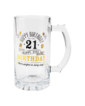  Unbranded Tankard Beer Stein<br>Glass Happy 21st... 470ML Tankard Beer Stein Glass Happy 21st Birthday To You Gold,Silver Foil Print 470ml.<br>This solid, premium glass beer stein features a gold and black decal. Presented in a silk lined gift box it makes the perfect birthday glass.<br>Material - Glass Tankard<br>Dimensions - Approx. 470ml<br>Includes - 1 x Drinking Cup.