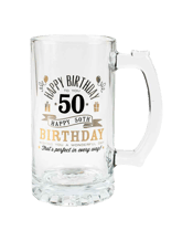 Unbranded Tankard Beer Stein<br>Glass Happy 50th... 470ML Tankard Beer Stein Glass Happy 50th Birthday To You Gold,Silver Foil Print 470ml.<br>This solid, premium glass beer stein features a gold and black decal. Presented in a silk lined gift box it makes the perfect birthday glass.<br>Material - Glass Tankard<br>Dimensions - Approx. 470ml<br>Includes - 1 x Drinking Cup.
