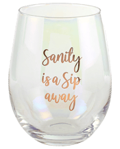  Unbranded Sanity Is A Sip<br>Away Stemless Wine... 600ML Sanity Is A Sip Away Stemless Wine Glass 600ml Drinking Cup<br><br />This elegant hand blown stemless glass features a luminescent treatment giving it a rainbow effect on the glass surface. The rose gold decal is classy and understated. It makes the perfect glass or a girls night in or party.<br><br />Material<br><br />Glass<br><br />Dimensions Approx.<br><br />600ml<br><br />Includes<br><br />1 x Stemless Wine Glass.