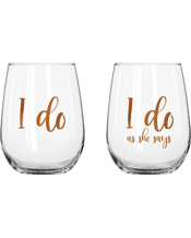 Unbranded I Do Stemless Rose<br>Gold Novelty... 600ML 2pc I Do Stemless Rose Gold 600 ml Drinking Cup Pair<br>These elegant glasses are perfect for a variety of special occasions. Crafted from high-quality glass, and gold foil decals, they are the perfect glass to stand out with having your favourite drinks. They also are unique gift for newlyweds, and married couples. Beautiful gift boxed ready for gifting. Will complement any setting.<br>Material: Glass<br>Dimensions Approx.<br>22 x 9 x 13cm - Packaging Size Approx.<br>Includes<br>1 x Glass.