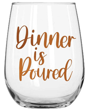  Unbranded Dinner Is Poured<br>Stemless... 600ML Dinner Is Poured Stemless Wine Glass Rose Gold 600ml Drinking Cup<br>This elegant hand blown stemless glass features a luminescent treatment giving it a rainbow effect on the glass surface. The rose gold decal is classy and understated. It makes the perfect glass or a girls night in or party.<br>Material<br>Glass<br>Dimensions Approx.<br>600ml<br>Includes<br>1 x Stemless Wine Glass.