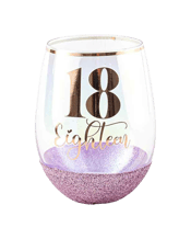  Unbranded 18th Glitter<br>Stemless Purple... 600ML 18th Glitter Stemless Purple 600 ml Drinking Cup Novelty Print<br>This on trend glittery stemless glass features a luminescent treatment giving it a rainbow effect on the glass surface. The coloured gold glitter combined with the rose gold decal give it an classy vibe. It makes the perfect birthday glass.<br>Material: Glass<br>Dimensions Approx.<br>12 x 8 x 13cm - Packaging Size Approx.<br>Includes<br>1 x Glass.