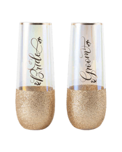  Unbranded Bride & Groom<br>180ml Stemless... 180ML 2pc Bride &amp; Groom Stemless Wedding Champagne Glasses 16cm 180ml.<br>This on trend glittery champagne glass set features a luminescent treatment giving it a rainbow effect on the glass surface. The rose gold glitter combined with the rose gold decal give it an classy vibe. Perfect for your special day!<br>Material: Glass<br>Dimensions: Approx. 16cm/180ml Set Of 2<br>Includes:1 x Stemless Champagne Glass.