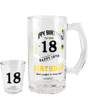  Unbranded Birthday 18th<br>Celebration Liquor...  18th Birthday Shot &amp; Stein Beer Glass Drinking Cup Set<br>The perfect pairing! A Stein and Shot set beautifully gift boxed. Featuring gold foil decal, this stein and shot will get the party started!<br>Material<br>Glassware<br>Dimensions Approx.<br>25x9x20cm - Packaging<br>Includes<br>1 x Shot Glass<br>1 x Beer Mug.