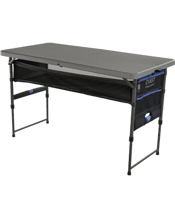  Quest Portable Camp Table<br>Outdoor Camping Desk W/...  Quest 122cm Portable Camp Outdoor Camping Table - Grey The Quest Camp Table 4 is a sturdy, lightweight, sensible, and super practical camp kitchen companion. We teamed a sturdy steel frame and UV protected tabletop together with superb storage options and we had a winner. We added easy single button height adjustment anyway – this is the handiest camping and outdoor table you can have in the country.<br>Thanks to super-easy single-handed height adjustment, the Camp Table 4 goes from low coffee t