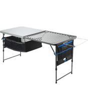  Quest Foldable Steel Grill<br>Table W/ Organiser...  Quest 153cm Foldable Steel Grill Table w Organiser Tissue Holder The Quest Grill Table 5 camp kitchen and table is a multi-height adjustable 5-foot fold-in-half table that has everything. This rugged and easy to use bit of kit definitely deserves a place in camp kitchens all around Australia.<br />The steel half is great for use as a stove stand or for doing the washing up. It big enough to fit large stoves like Hyperflame, Companion and Weber Q. Easy single handed multi-height adjustment lets y