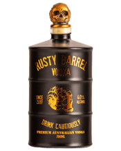  Rusty Barrel Spirits Vodka<br>Matte Black 700ml  700mL This super smooth vodka has been processed using a unique carbon filtration system that results in a delightfully silky mouth feel with subtle, sweet grain character highlights. Rusty Barrel Vodka is not your everyday vodka. The combination of extraordinary artwork on the barrel shaped bottle and metallic skull bottle stopper, enhance the visual experience and take you on a journey with a uniquely Australian feel. Not for the faint hearted and a must for your home liquor cabinet or behind the ba