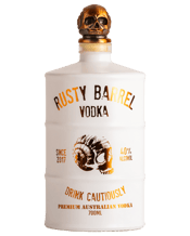 Rusty Barrel Spirits Vodka<br>Matte White 700ml... 700mL This super smooth vodka has been processed using a unique carbon filtration system that results in a delightfully silky mouth feel with subtle, sweet grain character highlights. Rusty Barrel Vodka is not your everyday vodka. The combination of extraordinary artwork on the barrel shaped bottle and metallic skull bottle stopper, enhance the visual experience and take you on a journey with a uniquely Australian feel. Not for the faint hearted and a must for your home liquor cabinet or behind the ba