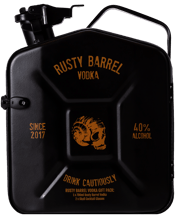  Rusty Barrel Spirits Jerry<br>Can Gift Pack -... 700ML Take a journey into a post-apocalyptic Australia and raise some hell with the Rusty Barrel Vodka Jerry Can gift pack.<br>With the look and feel of a metal, military jerry can, this robust carrier contains a different kind of fuel. Inside you'll find a bottle of our classic, locally distilled Rusty Barrel Spirits Rusty Barrel Vodka as well as two of our signature skull glasses.<br><br />The combination of this unique container with the foreboding aesthetic of the Rusty Barrel Vodka within creates