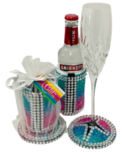  Glitz Coasters Rainbow Pack   Glitz Coasters are Australian made handmade products. Glitz Wetsuit Coasters are a light soft textured coaster that is water resistant for easy use. To fit 6.5cm to 7cm in dia Wine or champagne glass. Place glass into coaster first before pouring wine Or champagne,this makes it much easier to do with a empty glass. Benefits are - The protection of your glasses from breaking,no more wine rings, no more condensation or scratches on your furniture.&nbsp;Also a great accessory to take out on the town. An