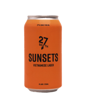 27 South Brewing Sunsets<br>Vietnamese Lager... 375ML Clean, crisp and crushable. A hint of lemongrass and lime swirls over a light-bodied pilsner malt and aromatic jasmine rice, enticing the next sip. Pairs well with summer afternoons.
