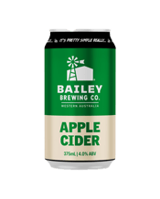 Bailey Brewing Co. Apple<br>Cider 375ml 375ML Overview: Light in colour with a fine bead and lasting effervescence. 100% thirst-quenching with a sweet yet dry finish, perfect for those looking for a beer alternative. Cider made from apples sourced right here in the Hills of Perth.<br>Ingredients: WA pink lady and granny smith apples, yeast, water, preservatives.<br>Flavour: Crisp, refreshing, appley.