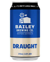 Bailey Brewing Co. Draught<br>375ml 375ML A classic Aussie-German lager. Very refreshing and drinkable. Crisp and clean lager characteristics with firm bitterness and medium hop character. Straw to gold in colour. True German style of beer uses ‘noble’ hops. Extremely popular lager beer. Most sold style of beer in Europe.