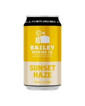  Bailey Brewing Co. Sunset<br>Haze Cans 375ml  375ML Bright, crisp and brewed for golden hours. Light, easy-drinking and made for lazy afternoons, backyard sessions, and chasing sunsets. A no-fuss summer ale with a hint of citrus to keep the good times rolling. Tasting Notes: Crisp, medium bodied with a tantalising blend of tropic fruit aromas. With light malt and subtle hops flavours with a hint of bitterness.