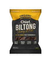  Chief Nutrition Smokey Bbq<br>90g  90G When you want a clean snack to satisfy your savoury cravings, you'll love our biltong. Just like slow cooking is better than zapping in a microwave, we slow air dry our beef which means it's naturally more tender and healthier than jerky. Free from all the nasty stuff you usually find in dried and cured meats, very low in sugar and made from 100% organic, grass-fed, grass-finished, regeneratively farmed Aussie beef.<br />Like jerky but better (most jerky is full of sugar and preservatives)<br />