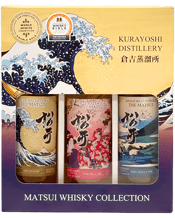  Matsui Whisky Mixed Giftpack<br>Japanese Single... 200ML The Matsui is Kurayoshi Distillery's line of exceptional Single Malt.This hand selected gift-set contains 3 bottles of 200ml Matsui The Peated, Matsui The Sakura cask Matsui The Mizunara cask All three bottles are from Matsui core range of singel malt whisky collection. Matsui 'The Peated' Packing a potent peat punch, this bottling leaves a hale and hearty aftertaste, even among Matsui whiskies. We feel the force and majesty of the waves in this Ukiyo-e artwork reflects the spirit of our peated