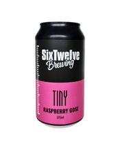  Sixtwelve Brewing Tiny<br>Raspberry Gose... 375ML A fruited, entry level sour with a beautiful pink hue. You cannot miss the raspberry on the nose and initial taste, that evolves into salt and coriander seed giving it a nice tart finish. A very inoffensive and approachable sour making it an instant hit in summer.