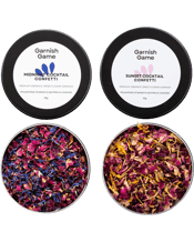  Garnish Game Floral Confetti<br>Bundle  10G This duo of cocktail confetti contains the prettiest of organic petals to sprinkle on cocktails and decorate food.<br>MIDNIGHT COCKTAIL CONFETTI: A mix of florals in moody shades of deep red pink, purples and blue with a luxe touch of 24ct edible gold sprinkled throughout.<br>SUNSET COCKTAIL CONFETTI: A mix of organic florals in sunny shades of warm yellow, bright pink and magenta with a luxe touch of 24ct edible gold sprinkled throughout.<br>Think of these edible dried petals as a dusting of pr
