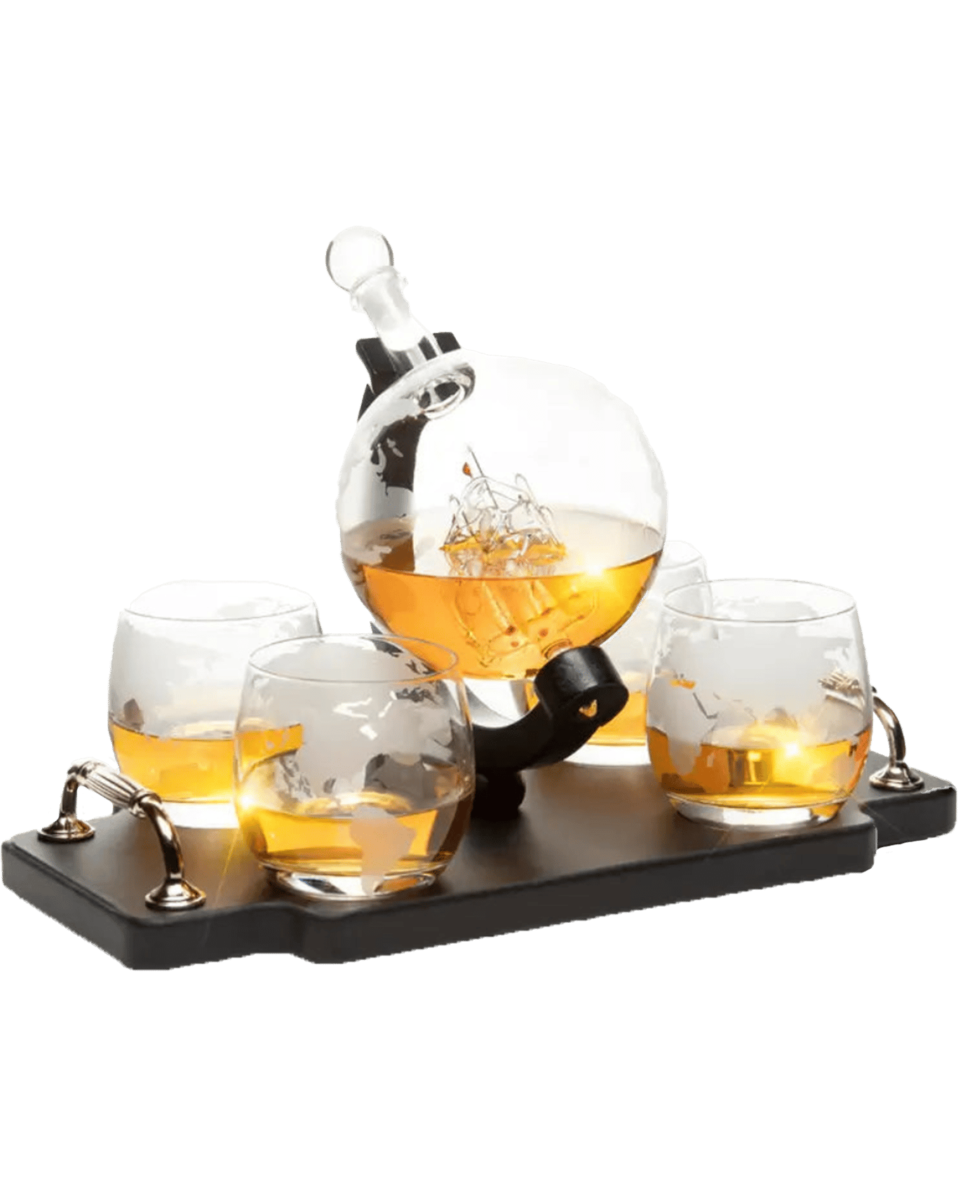 Buy Don Vassie Globe Decanter Set With 4 Glasses And Wooden Tray Base