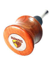  Well Stopped Stopper<br>Hawthorn Hawks...  "We're a happy team at Hawthorn<br>We're the Mighty Fighting Hawks.<br>We love our Club, and we play to win,<br>Riding the bumps with a grin (at Hawthorn)..."<br>The Hawks...Huddo...Tucky...this wine or spirit bottle stopper is made in Australia. The timber used is native timbers locally sourced. The stainless steel is grade 316 food rated, the rubber seals are also food rated and will not break down over time!<br>You can choose either cone shaped (WSS-01) or tear drop shape (WSS-02) to suit or