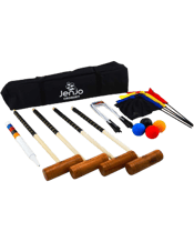  Jenjo Games Championship<br>Hardwood Croquet Mallet...  Championship Croquet Set<br>Specifications:<br>4x Hardwood Championship Croquet mallets.<br>4x 12oz Composite Balls (Red, Blue, Yellow, Black).<br>4x Metal Flags (Red, Blue, Yellow, Black).<br>2x Stakes (Winning Posts).<br>6x Metal Croquet Wickets.<br>Black Sleek Storage Bag.<br>Rules Included.<br>Mallet Measures: 90cm L.<br>Mallet Face: 7cm<br>Recommended Ages: 18+<br>Enjoy our Croquet Championship Set outdoors with family and friends.<br>It comes with a black sleek storage bag making it perfec