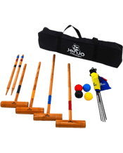  Jenjo Games Outdoor Family<br>Premium Wooden Croquet...  Family Croquet Set<br>Specifications:<br>4 x Hardwood Croquet Mallets (90cm, 80cm, 70cm, 60cm).<br>4x 9oz Composite Balls (Red, Blue, Yellow, Black).<br>4x Metal Flags (Red, Blue, Yellow, Black).<br>2x Stakes (Winning Posts).<br>6x Metal Croquet Wickets.<br>Black Sleek Storage Bag.<br>Rules Included.<br>Mallet Face: 6.3cm<br>Recommended Ages: 3+ Years.<br>Our Family croquet set comes with 4 mallets in various sizes enabling both adults and children of different heights to play together.<br>It co