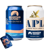  Mountain Culture Gift Pack<br>Combo Status Quo &... 355ML The perfect craft beer gift.<br>Includes:<br>4 x 355mL - Status Quo Pale Ale 5.2%<br>4 x 355mL - Aussie Pale Lager 4%<br>1 x bonus Mountain Culture Stubbie Holder.