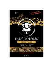  Nungra Nibbles Beef Jerky -<br>Teriyaki 85g  85G Mild Teriyaki Beef Jerky – Sweet & Savoury Delight!<br>A simple yet complex flavour, blending sweet, savoury, tangy, and salty elements with a rich beef profile. The sweetness comes from the caramelisation of sugar and honey, while the savoury depth is enhanced by the umami richness of soy and rice wine. Teriyaki is an original flavour that serves as the foundation for a variety of fusion dishes.<br>Heat Rating: Mild<br>85g Net Weight per Bag<br>Nungra Nibbles Beef Jerky is a great source of pro