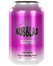  Bubblas Low Sugar Grape<br>Alcoholic Bubble... 330ML Introducing low sugar Bubblas – Australia’s first canned alcoholic bubble tea with jelly pearls! Bursting with tropical flavour, our refreshing grape beverage features delightfully chewy flavoured jelly pearls for a fun and fruity twist. Sip, chew, and swirl for a pearl!<br>Bubbles and Booze - More Fun Together.