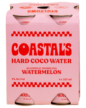 Coastals Hard Coco Water<br>Watermelon 320ml 320ML Coastal Watermelon brings a juicy burst of ripe watermelon, balanced with smooth coconut water and a clean vodka finish.<br>Lightly sparkling and free from added sugar or sweeteners, it’s naturally rich in electrolytes to keep you refreshed wherever the day takes you, from poolside hangs to golden hour vibes.<br>Why You’ll Love It:<br>Fresh watermelon flavour<br>Crafted with coconut water and real fruit juice<br>No added sugar, gluten-free, and naturally hydrating<br>Premium gluten free vodka fo