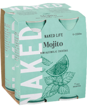  Naked Life Non Alc Mojito<br>Can 250ml  250ML Our Mojito is a Cuban celebration of all things fresh and fun. Citrusy Tahitian lime and fresh mint flavours complement the rich brown sugar. and rum notes.<br>Lightly sparkling, serve in a tall glass over ice with a sprig of mint and lime slices for the summer classic.<br>Crafted with distilled botanicals<br>Non-Alcoholic<br>Sugar Free<br>All natural<br>Low in calories (8)<br>Australian made and owned<br>Made in Australia from at least 94% Australian ingredients.