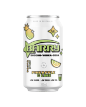  Barry Pineapple & Lime Cans<br>330ml  330ML This iconic Aussie brand is a refreshing punch of flavour, perfectly balanced with real lime juice and natural pineapple flavour. At 5.6% alcohol per can or 1.5 standard drinks, BARRY provides a gluten-free, low sugar, low calorie and low carb option for even the most diligent of drinkers. It's a cocktail without the hassle, so grab your Barry Pineapple and Lime Can 330mL today!