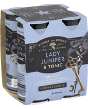  Barnes And Brown Dis Lady<br>Juniper And Tonic... 250ML Crisp, vibrant, and effortlessly refined, the Lady Juniper & Tonic is Barnes & Brown’s modern take on a timeless classic. Crafted for those who appreciate botanical elegance and clean, refreshing flavour, she’s the perfect pour for any moment that calls for a touch of sophistication.<br> 4-packs with 6 packs per carton (24 cans per carton)<br> 4 pack of ready to drink cans - 250ml each can. Carton of 24 available.