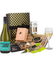  Interhampers Just Add Cheese<br>Chardonnay Giftbox... 750ML Exquisite Black & Gold Gift Box With Designer Bow<br>Designer Bamboo Cheese Board with Knife<br>Britannia Creek Yarra Valley Chardonnay 750mL<br>Tasmanian Quince Paste 100g<br>OB Finest Fig & Almond Crackers 150g<br>Nature's Delight Mixed Nuts 150g<br>Simply Wize Wafer Crackers 100g<br>Geelong Confectionary Chocolate Raspberries 120g