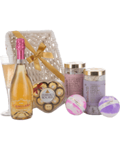  Interhampers Bath & Bubbles<br>Pamper Pack Gift... 750ML AN ELEGANT WHITE WOVEN BASKET<br>Lavender Fields Epsom Bath Salt 1kg<br>Roses Epsom Bath Salts 1kg<br>Purple Haze Bath Bomb 300g<br>Berry Bath Bomb 300g<br>Ferrero Rocher Heart Shaped 8pce Pack<br>T'Gallant Pink Prosecco 750ml.