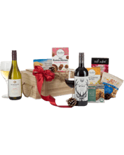  Interhampers Down Under<br>Delight Gift... 750ML TRENDY WOOD CRATE WITH ROPE HANDLES &amp; ROPE TIE<br>Dorrien Estate Bin 9 Chardonnay 750ml<br>St Huberts The Stag Temp Shiraz 750ml<br>Borelands Macadamia Shortbread 125g<br>Charlie's Fine Foods Chocolate Chip Bites 110g<br>Cafe Adore Black Forrest Delights 170g<br>Whittings Christmas Fruit Cake 250g<br>Charlie's Fine Foods Mini Cheese Bites 60g<br>JC Quality Foods BBQ Mix 150g.