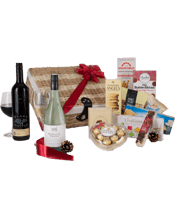  Interhampers Epicure Gift<br>Hamper  750ML Superbly Crafted Chest With Calico Liner<br>Adelaide Hills Morialta Trails Sauvignon Blanc 750mL<br>Black Wattle Coonawarra Shiraz 750mL<br>Granforno Grissini Breadsticks 125g<br>Ferrero Rocher Heart Shaped 8pce Pack<br>JC's Quality Foods BBQ Mix 150g<br>Nature's Delight Cashews 150g<br>Borlands Macadamia Shortbread 125g<br>Geelong Confectionary Chocolate Toffee Clusters 110g<br>Gourmet Nougat Almond and Cranberry 100g<br>Charlie's Fine Foods Chocolate Chip Bites 110g<br>Cretamel Greek Delight 1