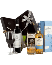 Interhampers Connoisseur<br>Hamper 700ML Elegant 2 Bottle Faux Leather Wine Spirit Box With Accessories<br>The Glenlivet Founders Reserve Whiskey 700mL<br>Riddoch Coonawarra Cabernet Sauvignon 750mL<br>Nature's Delight Cashews 150g<br>Nature's Delight Pistachios 150g<br>Lindt Chocolate 100g.<br /><br /><br /><br />