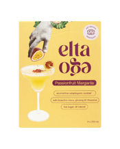 Elta Ego Alcohol-free<br>Passionfruit... 250ML Double award winner at the 2024 Outstanding Food Producer Awards & 2024 Cuisine Artisan Food Awards<br>Low Sugar · Low Calorie (only 33 Cal per can) · All Natural · Bioactive Adaptogens<br>Embark on a tropical journey with vibrant notes of passionfruit, zesty lime and a touch of sweet agave. This is your escape to paradise sans the holiday hangover.<br>Not only do elta ego cocktails have award-winning flavour but they also contain bioactive adaptogens (maca, ginseng, l-theanine.